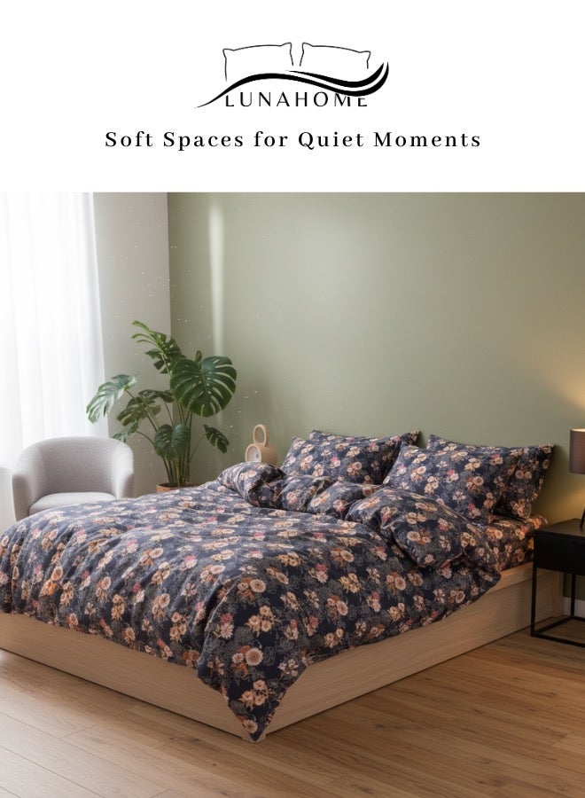 LUNA Home King size 6-piece (  Duvet cover - 220*240cm. 1 Fitted sheet - 200*200cm+30cm. 4 Pillow covers - 50*75cm )bedding set  featuring a charming vintage floral print, brown color. - Image 1